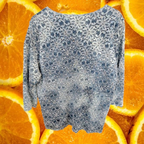 White and Blue Floral Blouse with Sequin on Sheer‎ Top and Attached Blue Under - Picture 5 of 5